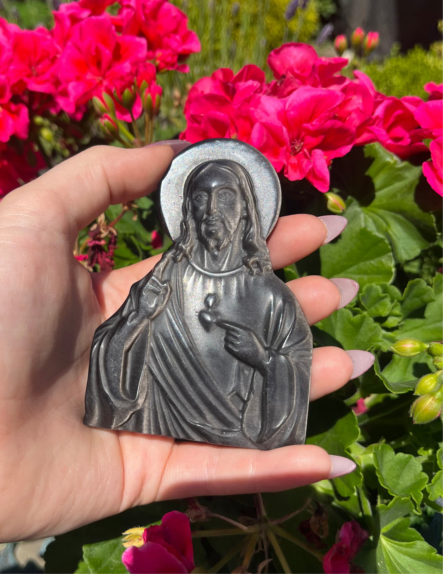 Silver Sheen Obsidian Jesus Carving