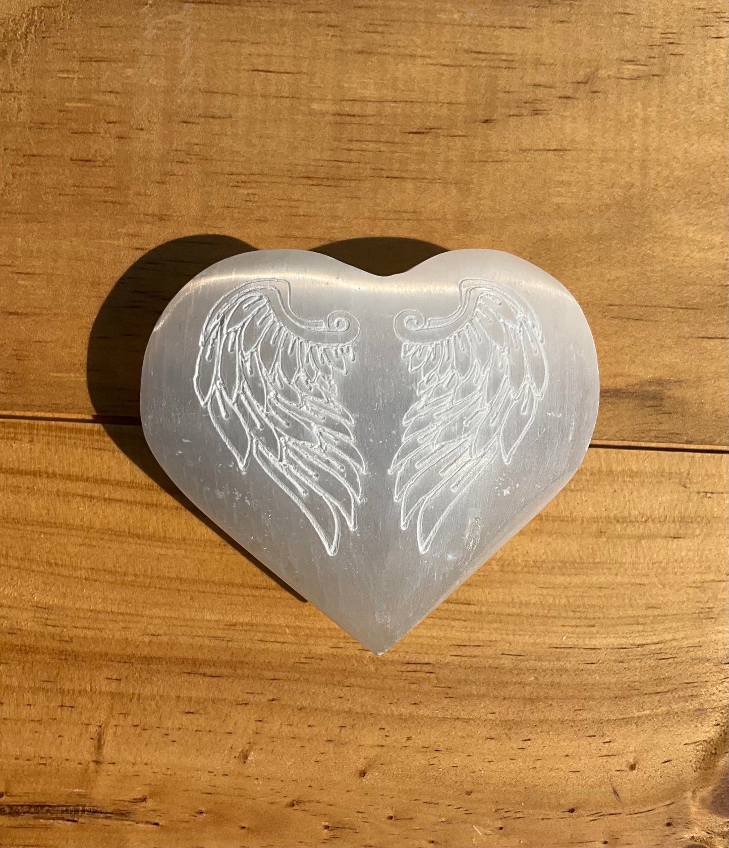 Selenite Heart with Etched Angel Wings