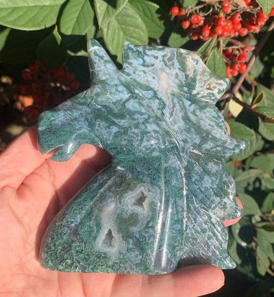 Moss Agate Unicorn Carving