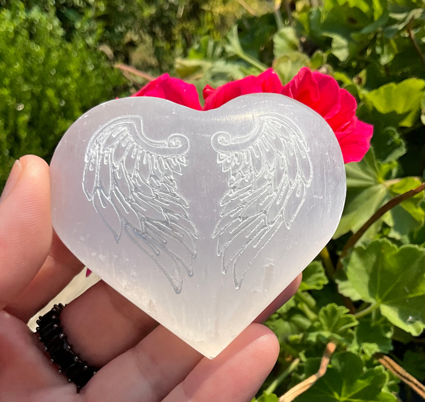 Selenite Heart with Etched Angel Wings