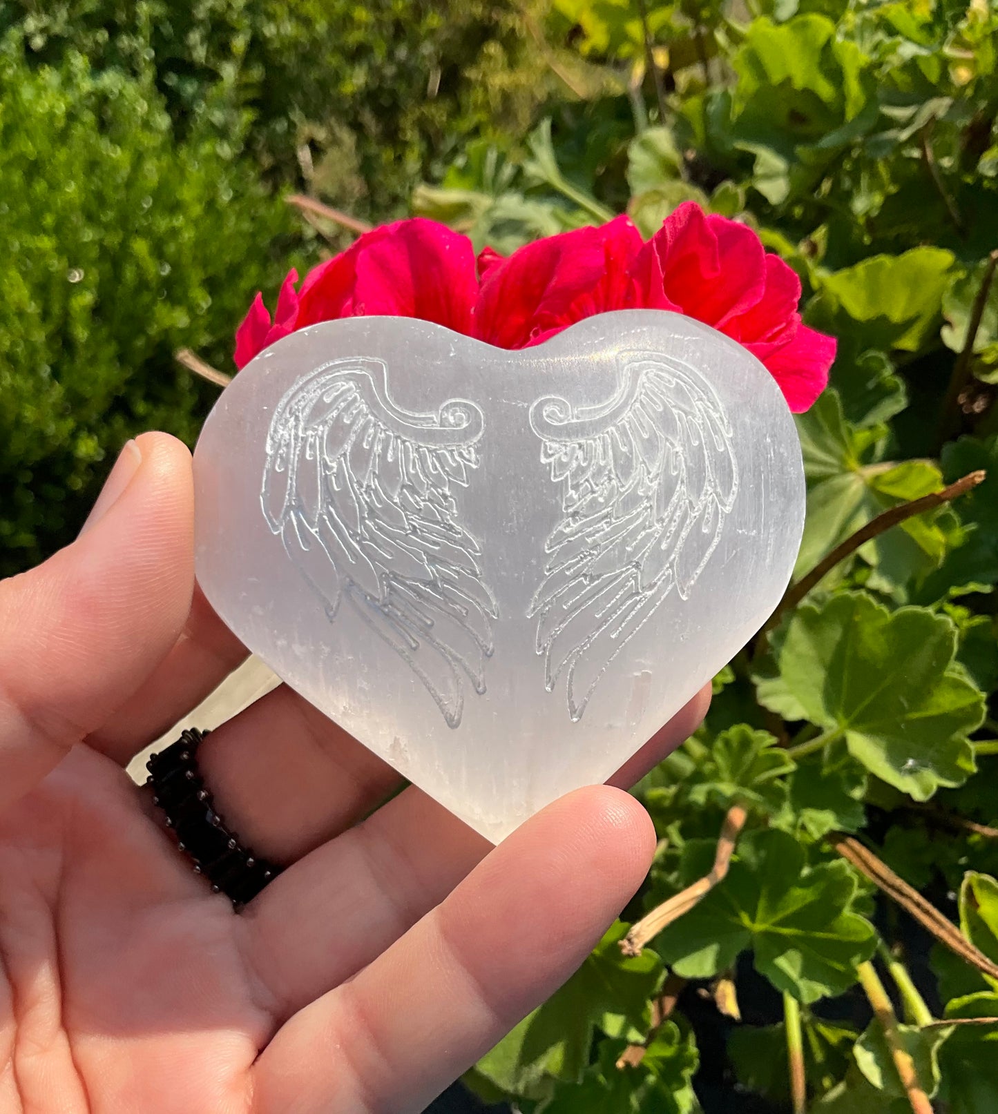 Selenite Heart with Etched Angel Wings