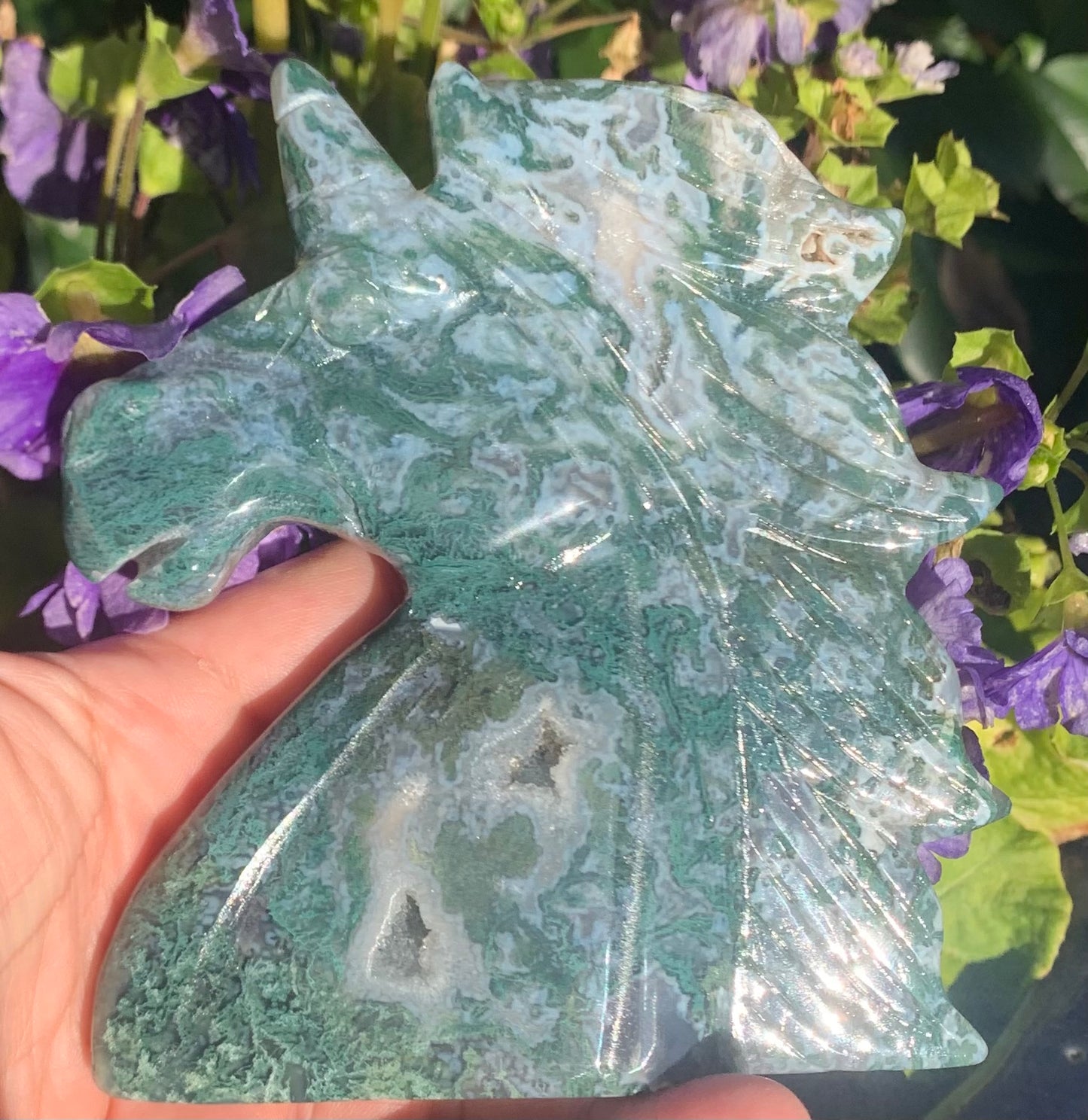 Moss Agate Unicorn Carving
