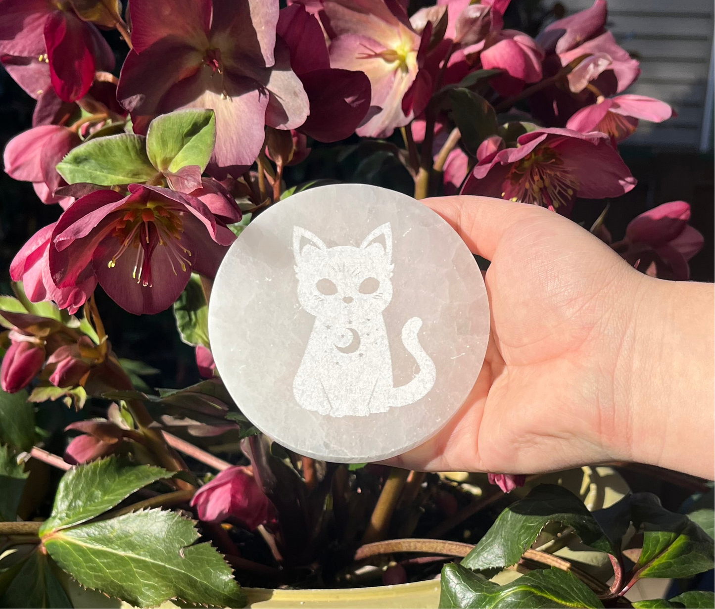 Selenite (Satin Spar) Cat and Moon Charging Plate