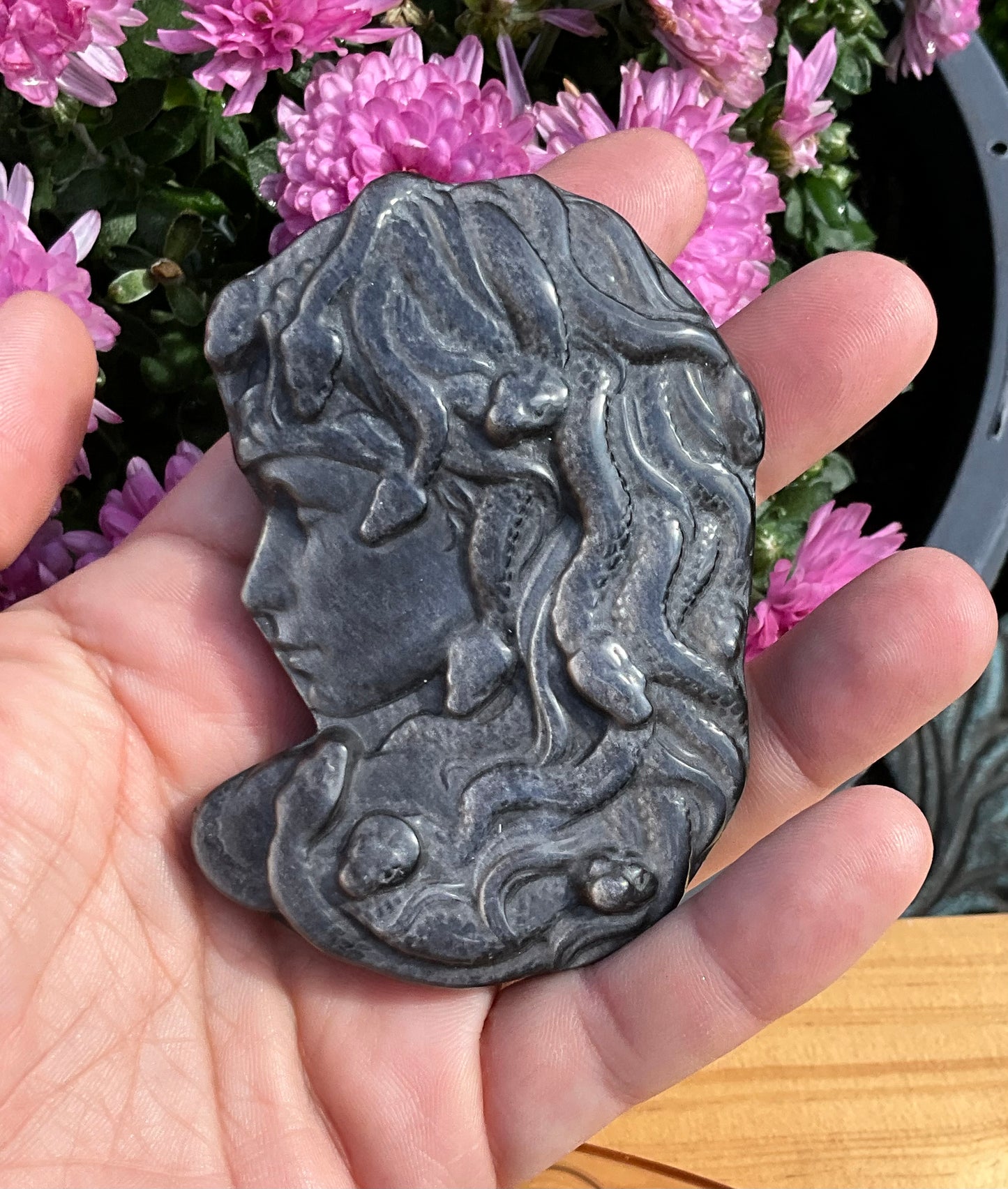Siver Sheen Obsidian Medusa Carving