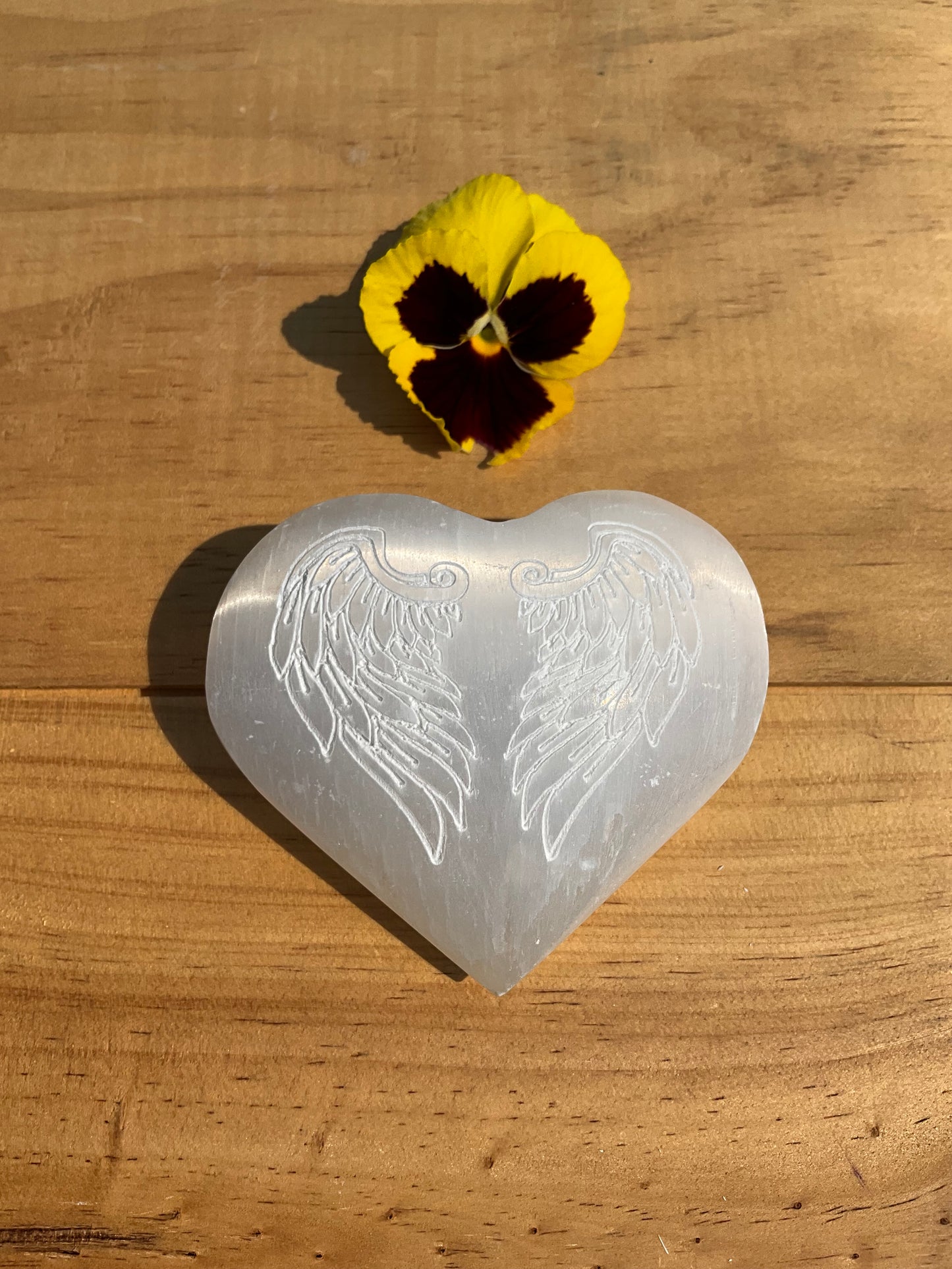 Selenite Heart with Etched Angel Wings