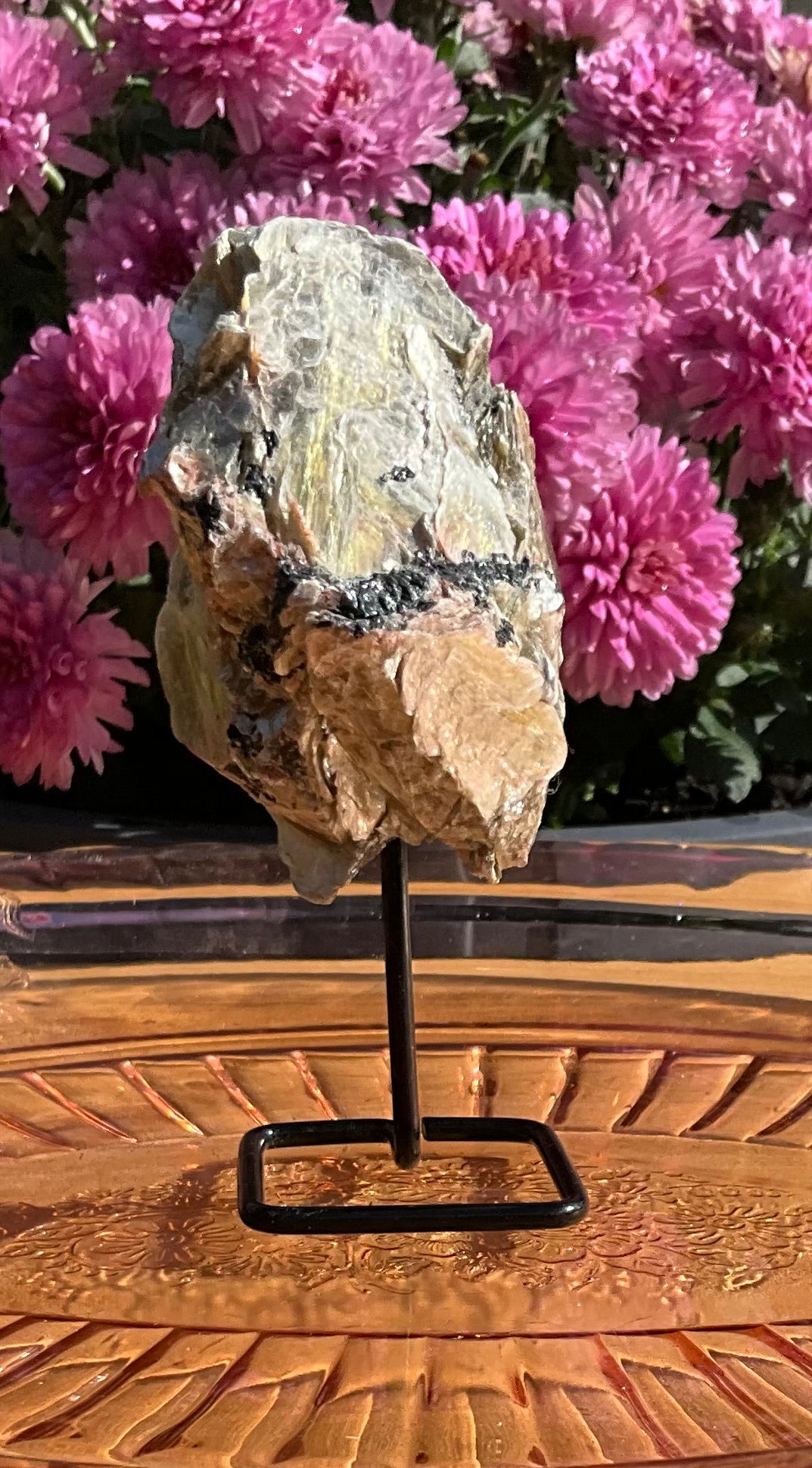 Golden Mica-Covered Black and Pink Tourmaline Specimen on Stand