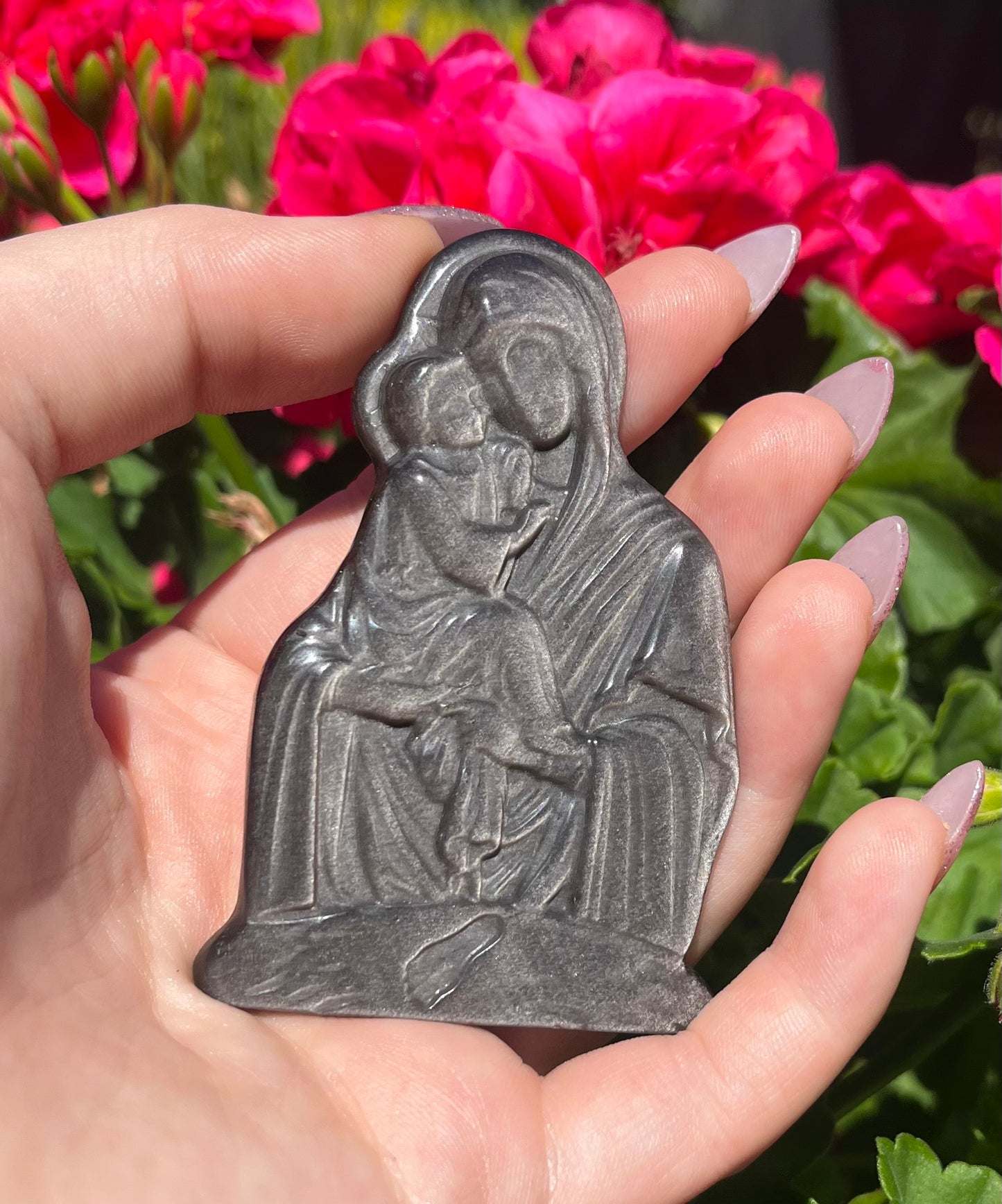 Silver Sheen Obsidian Virgin Mary and Child Carving