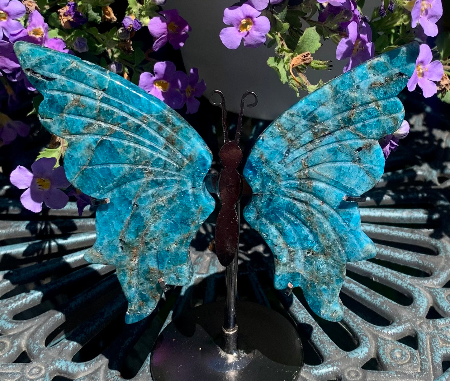 Blue Apatite Butterfly Wings with Stand