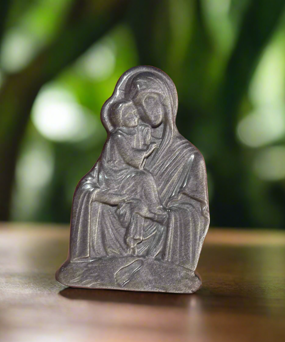 Silver Sheen Obsidian Virgin Mary and Child Carving