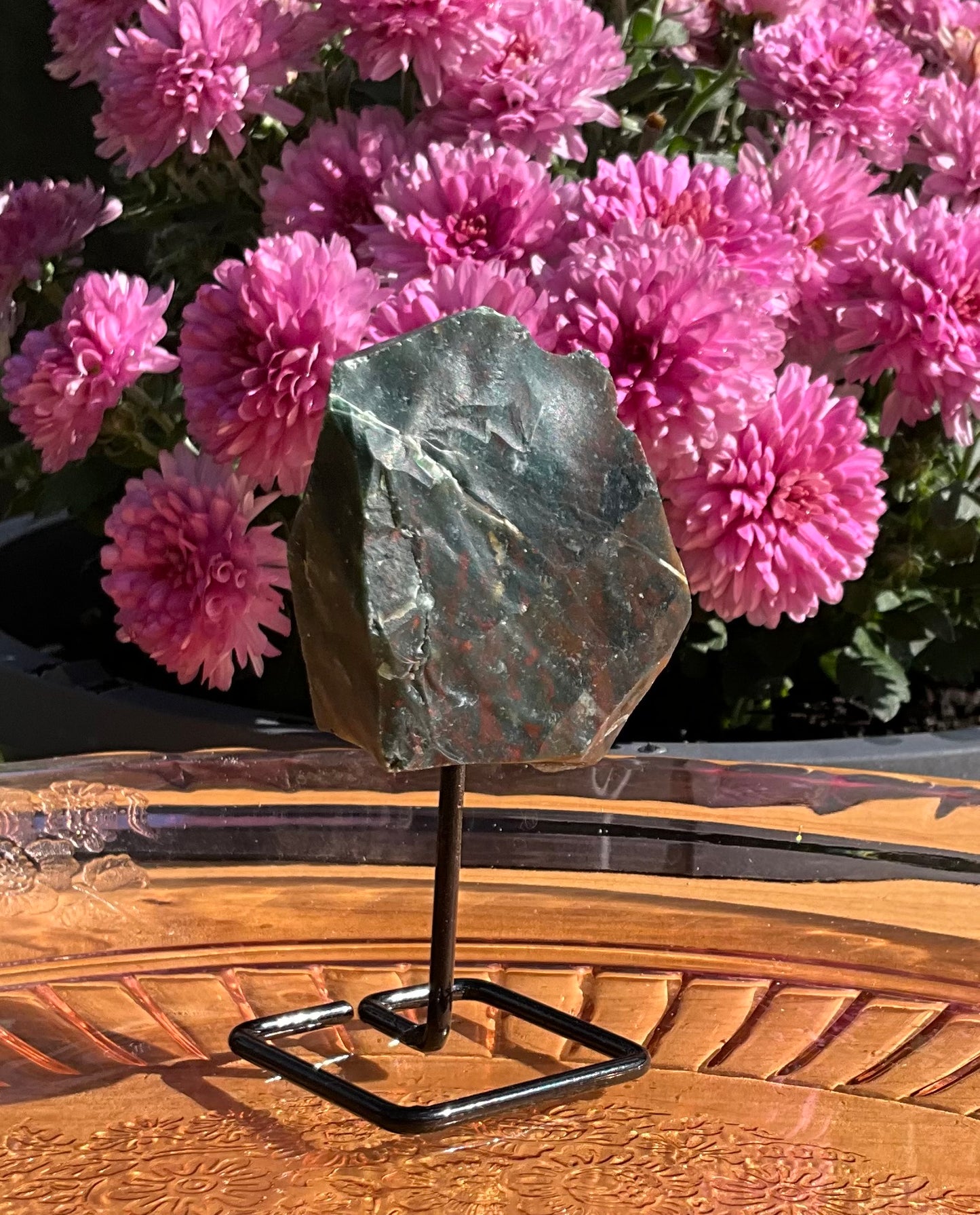Raw Bloodstone Specimen on Stand