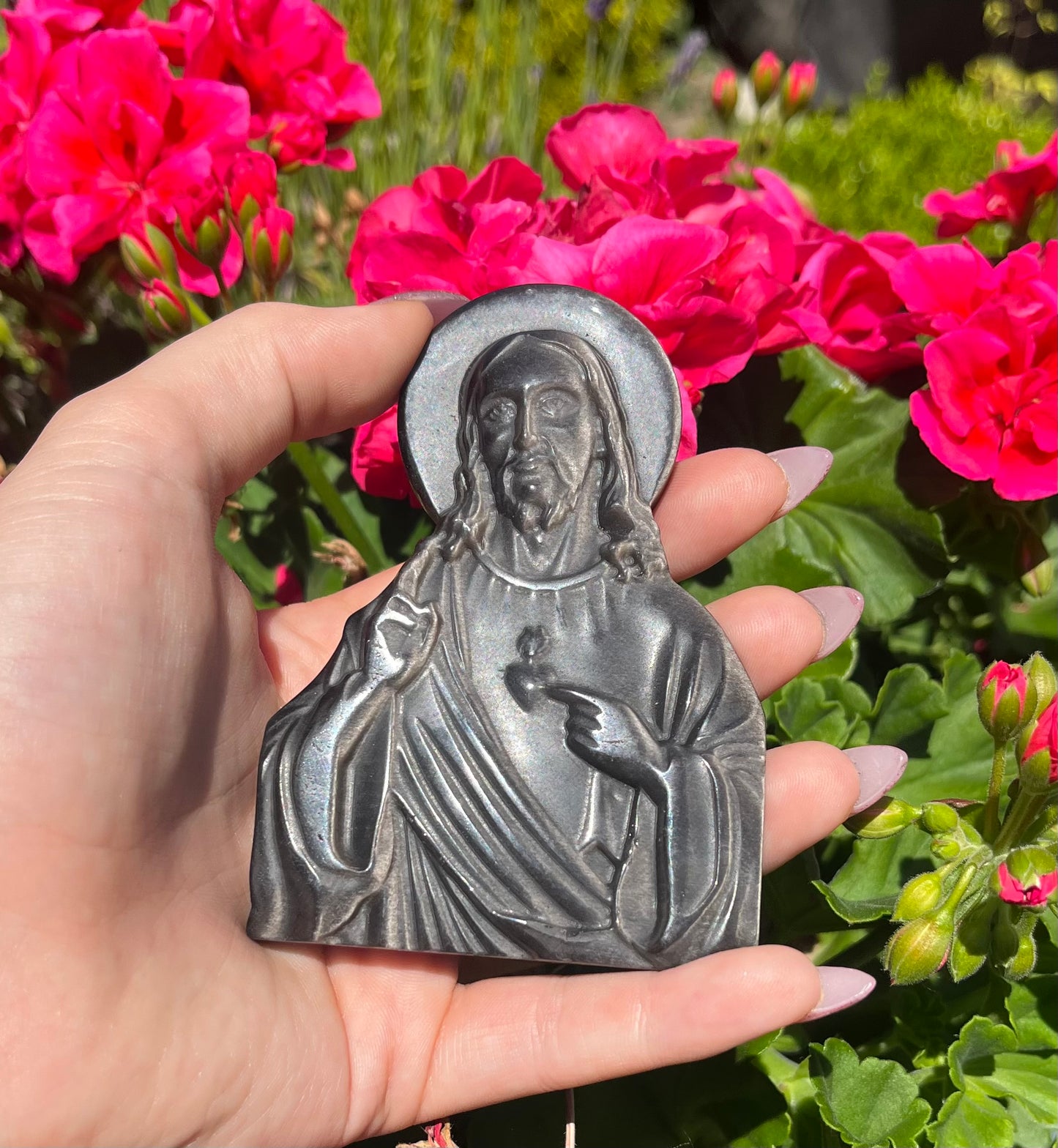 Silver Sheen Obsidian Jesus Carving