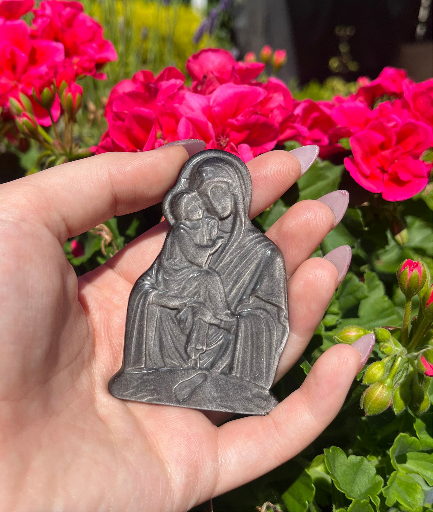 Silver Sheen Obsidian Virgin Mary and Child Carving