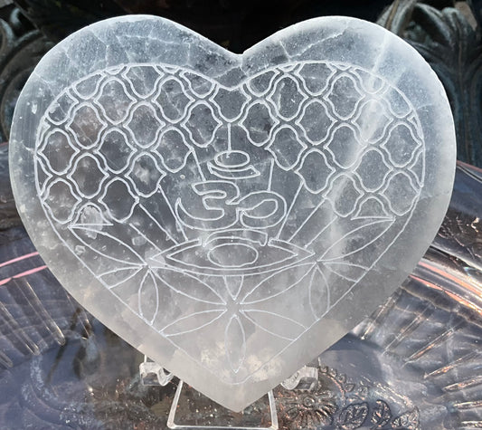 Selenite (Satin Spar) Heart Plate – Om, Third Eye & Flower of Life Design