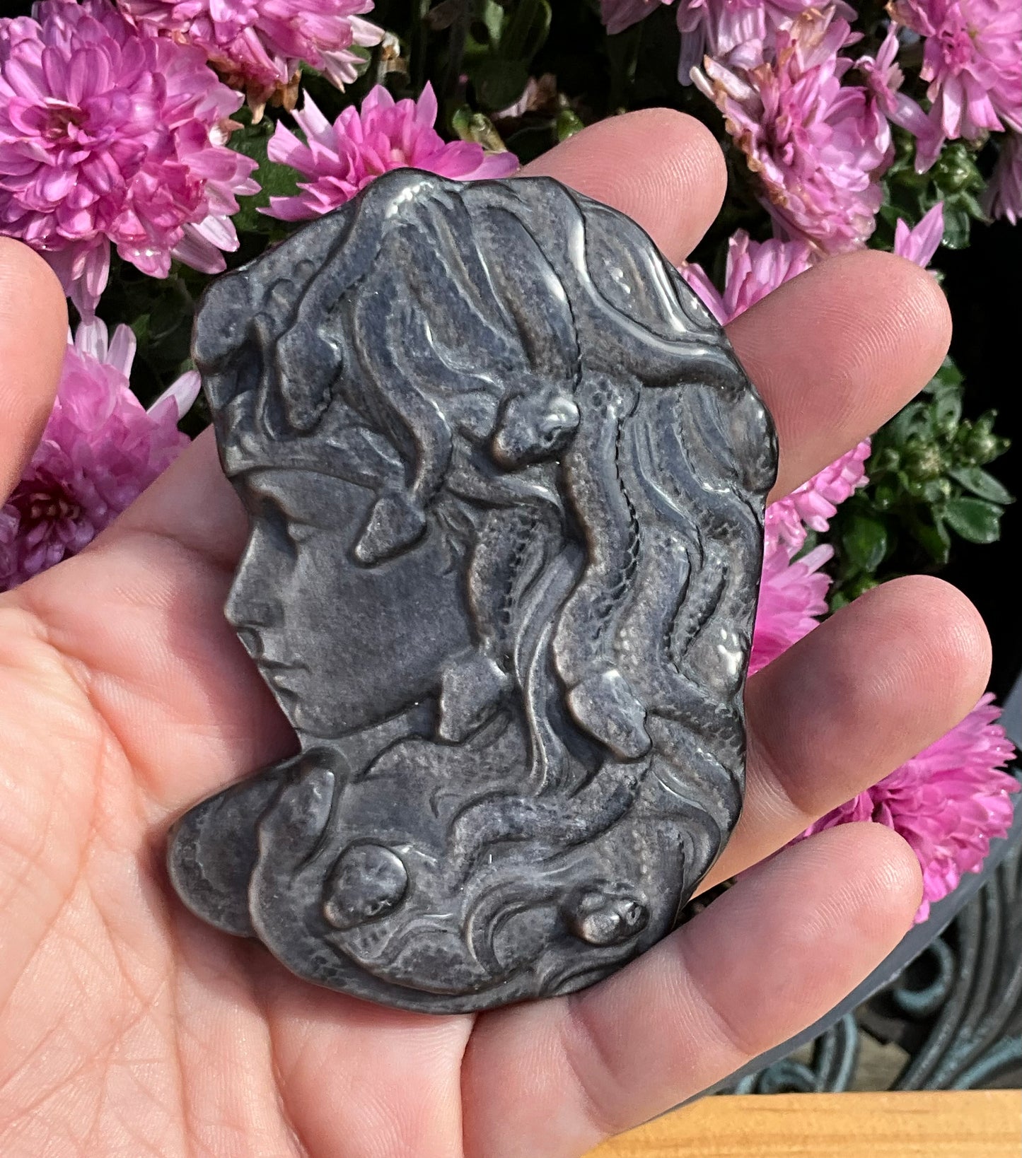 Siver Sheen Obsidian Medusa Carving
