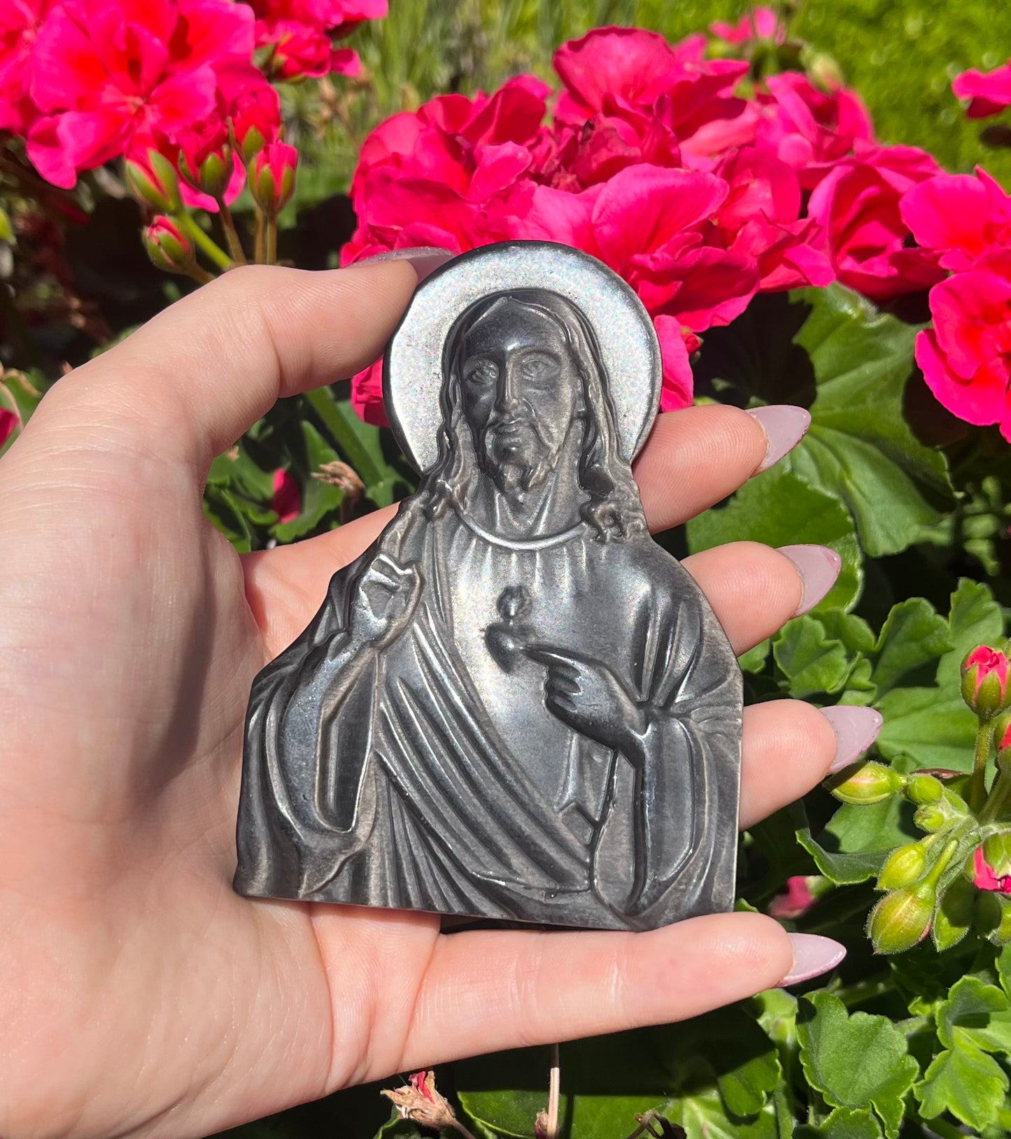 Silver Sheen Obsidian Jesus Carving