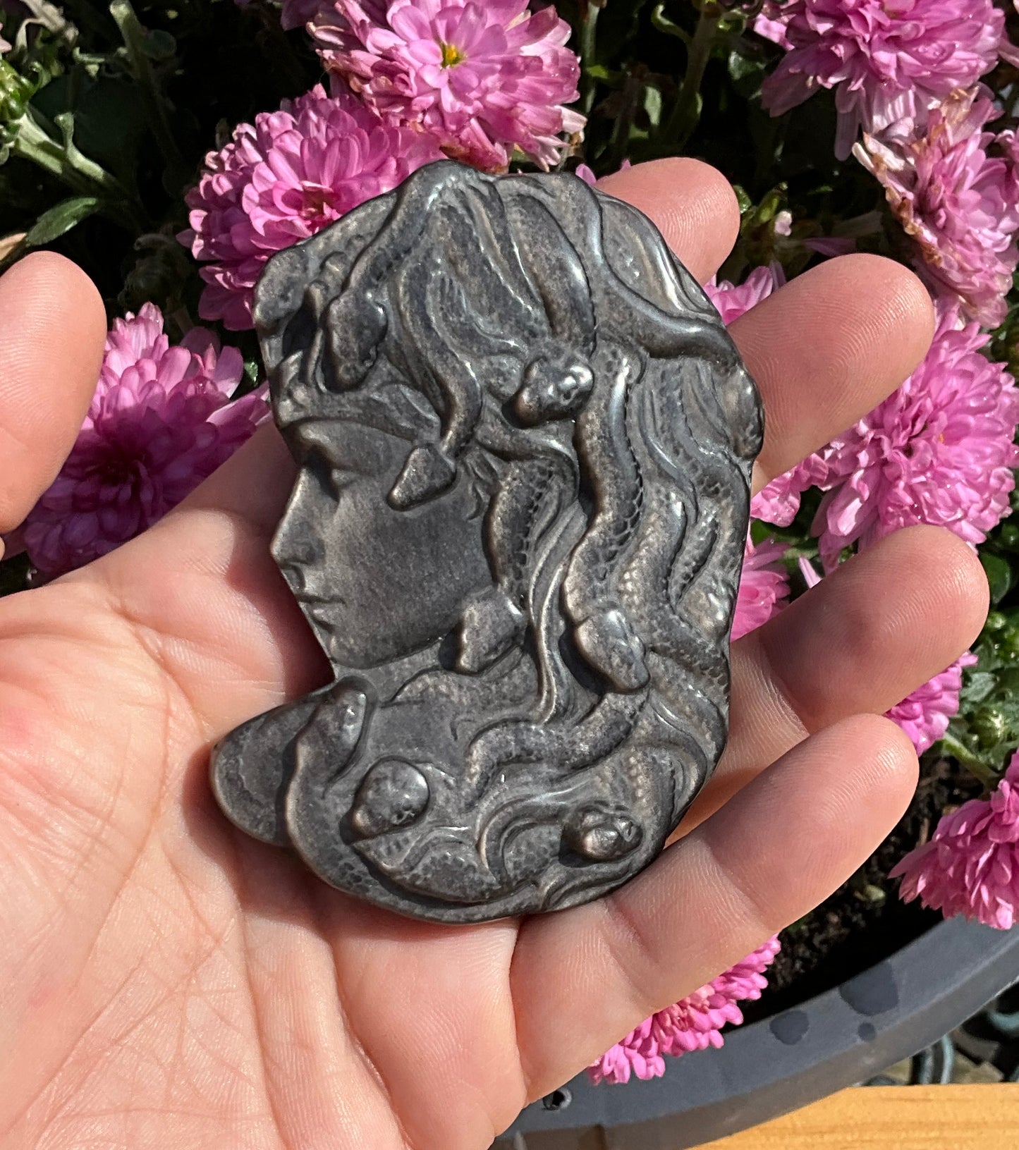 Siver Sheen Obsidian Medusa Carving