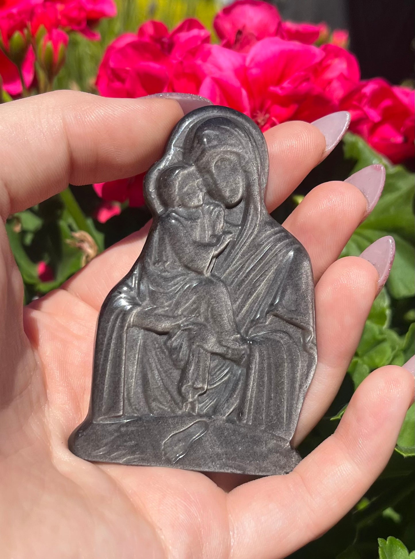 Silver Sheen Obsidian Virgin Mary and Child Carving
