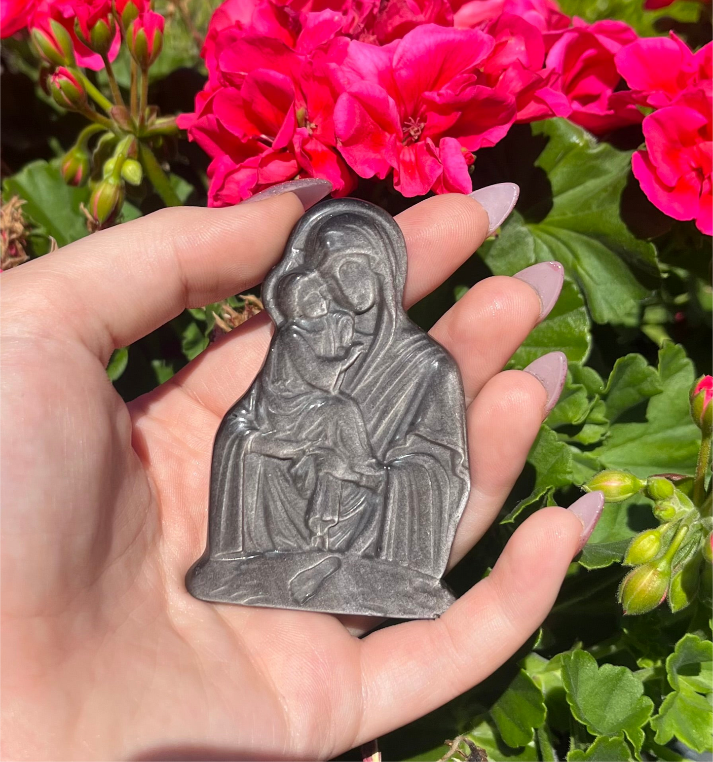 Silver Sheen Obsidian Virgin Mary and Child Carving