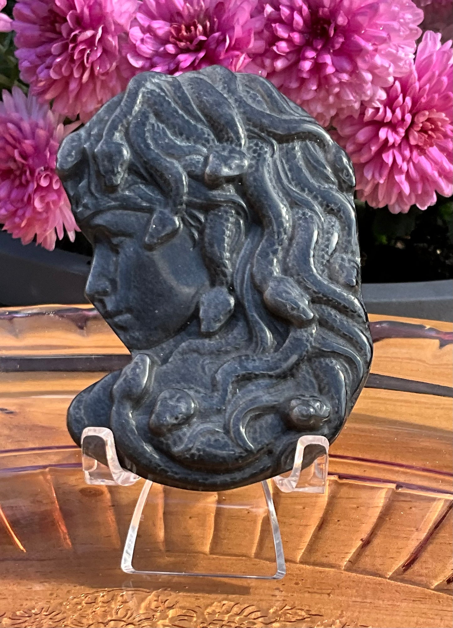 Siver Sheen Obsidian Medusa Carving