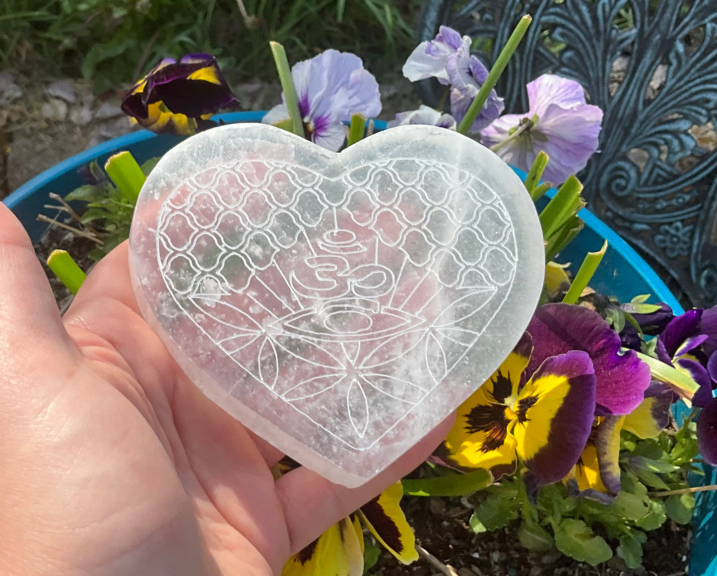 Selenite (Satin Spar) Heart Plate – Om, Third Eye & Flower of Life Design
