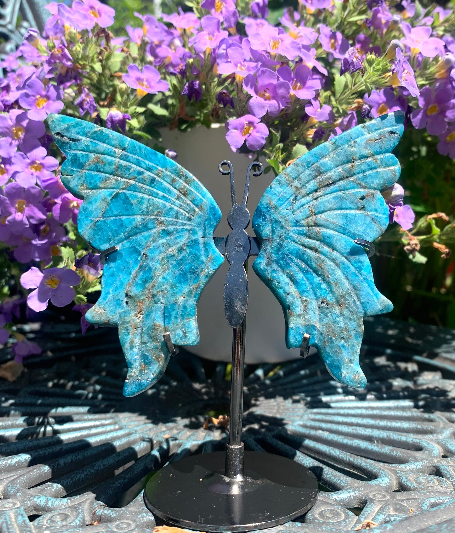 Blue Apatite Butterfly Wings with Stand