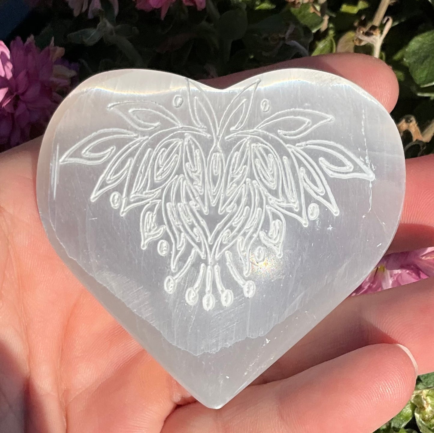 Selenite Heart with Lotus Flower Etching
