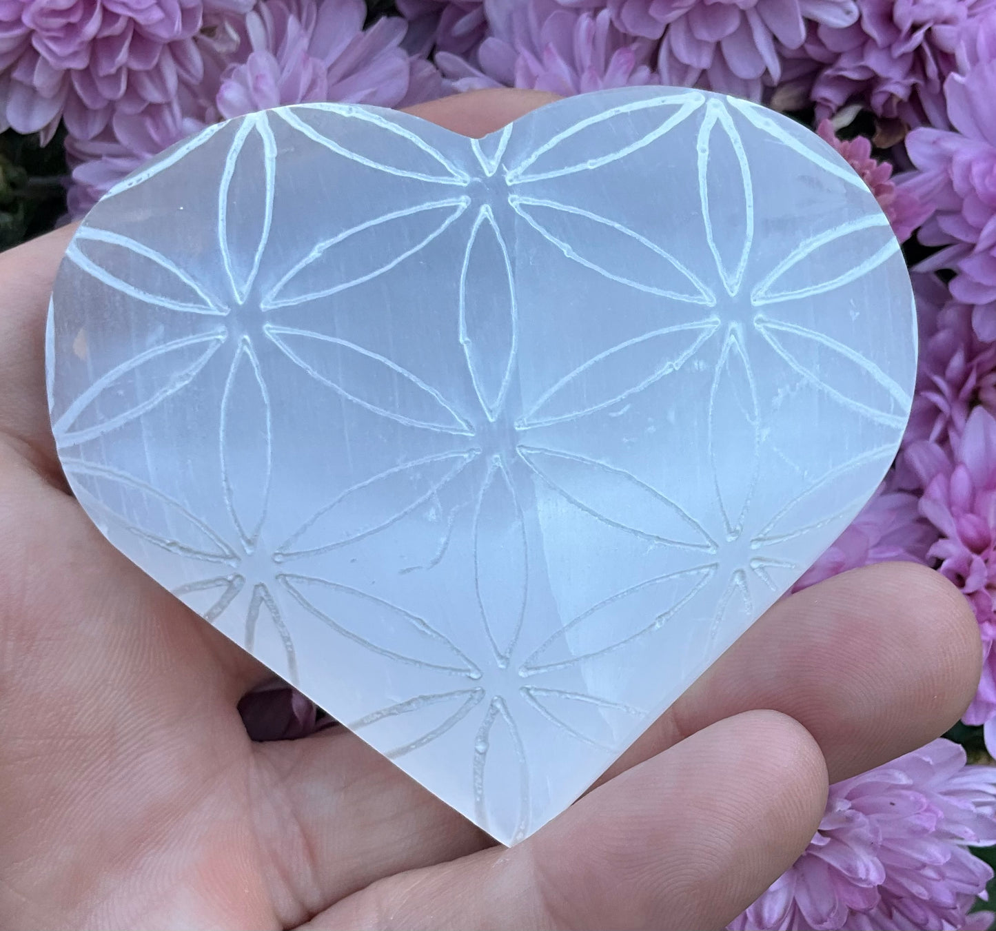 Selenite Heart with Etched Flower Of Life