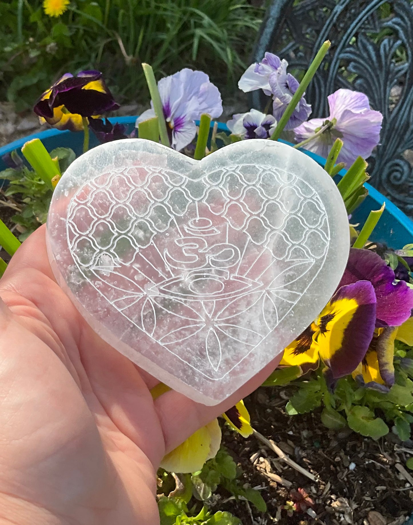Selenite (Satin Spar) Heart Plate – Om, Third Eye & Flower of Life Design