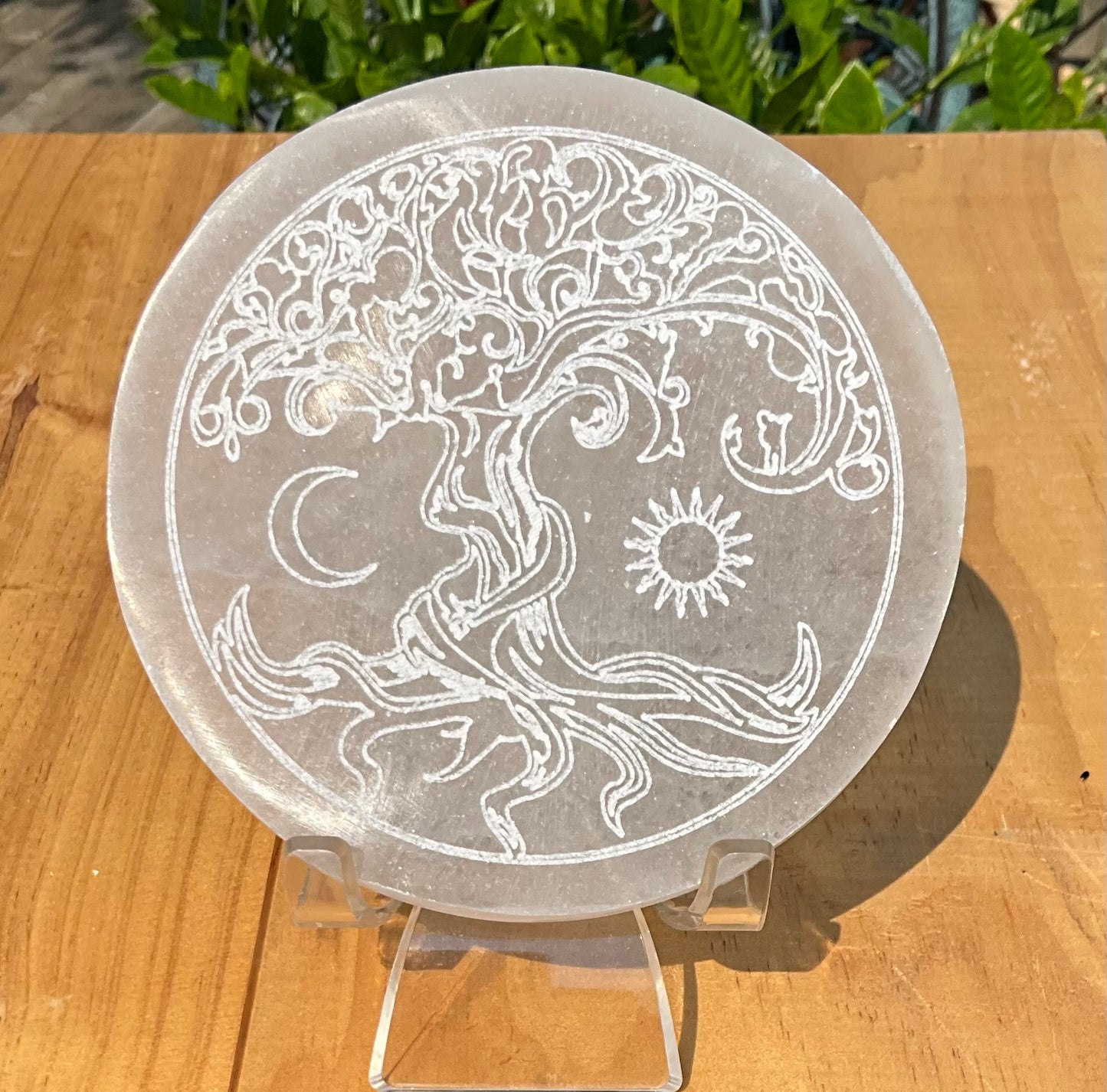 Selenite Plate with Etched Tree Of Life