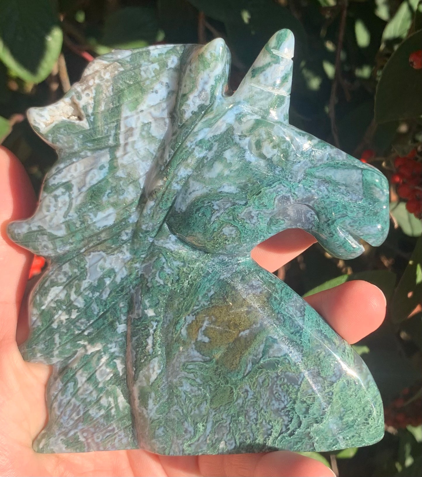 Moss Agate Unicorn Carving