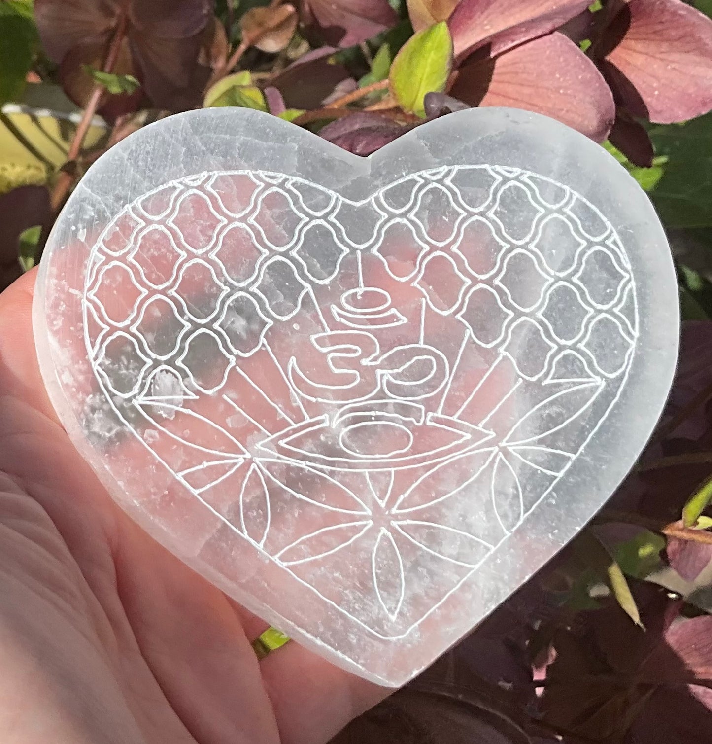 Selenite (Satin Spar) Heart Plate – Om, Third Eye & Flower of Life Design
