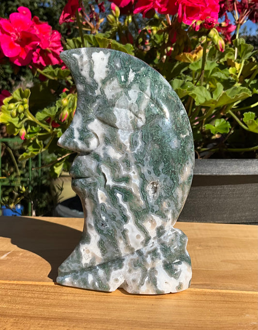 Moss Agate Moon Face Carving