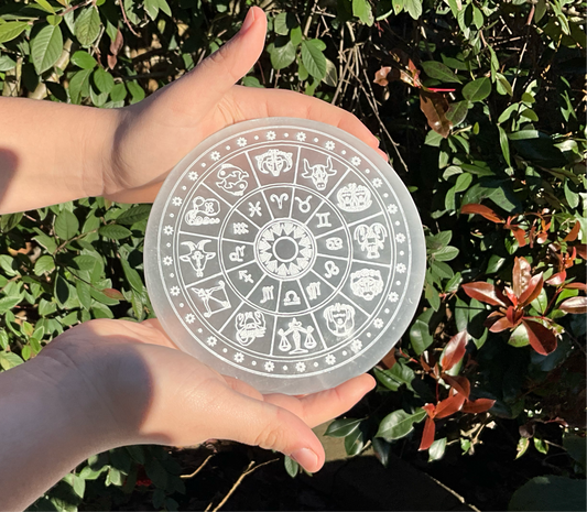 Selenite (Satin Spar) Zodiac Charging Plate