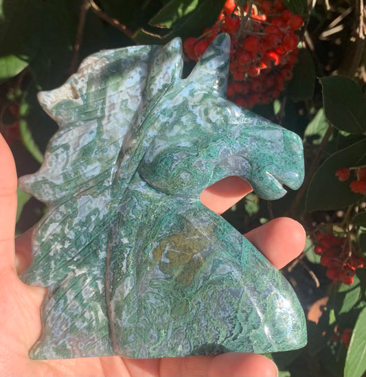 Moss Agate Unicorn Carving