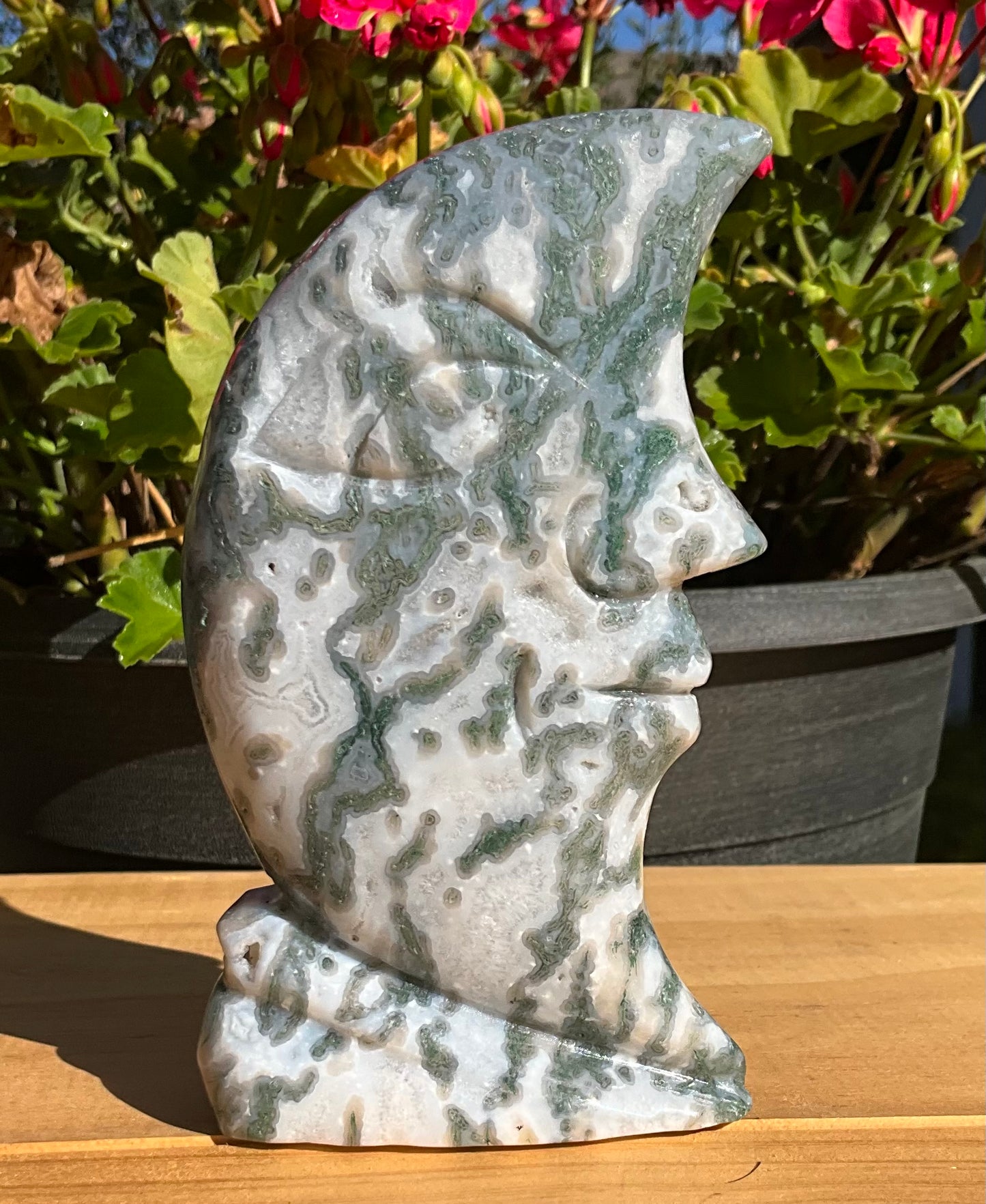 Moss Agate Moon Face Carving