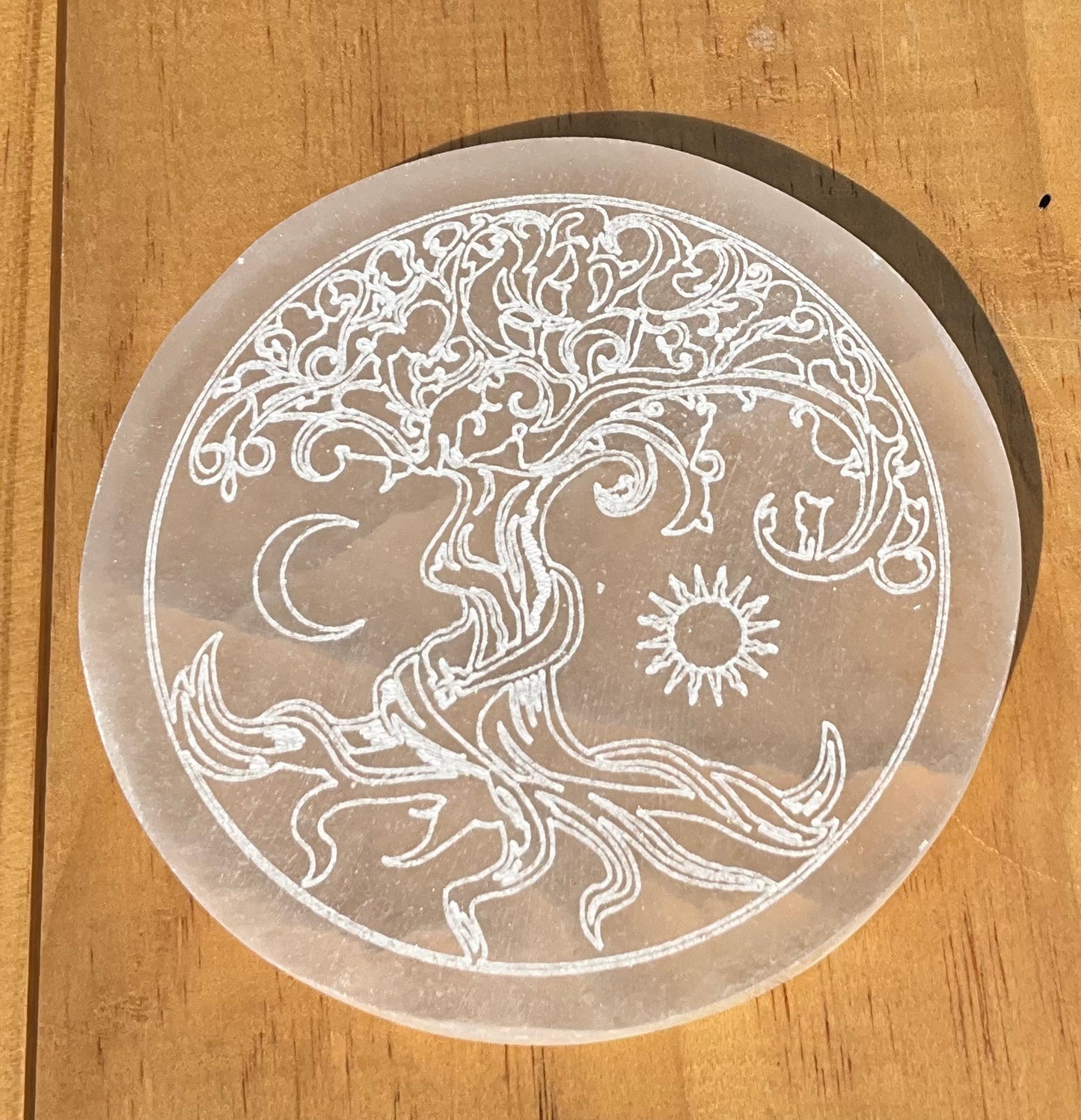 Selenite Plate with Etched Tree Of Life