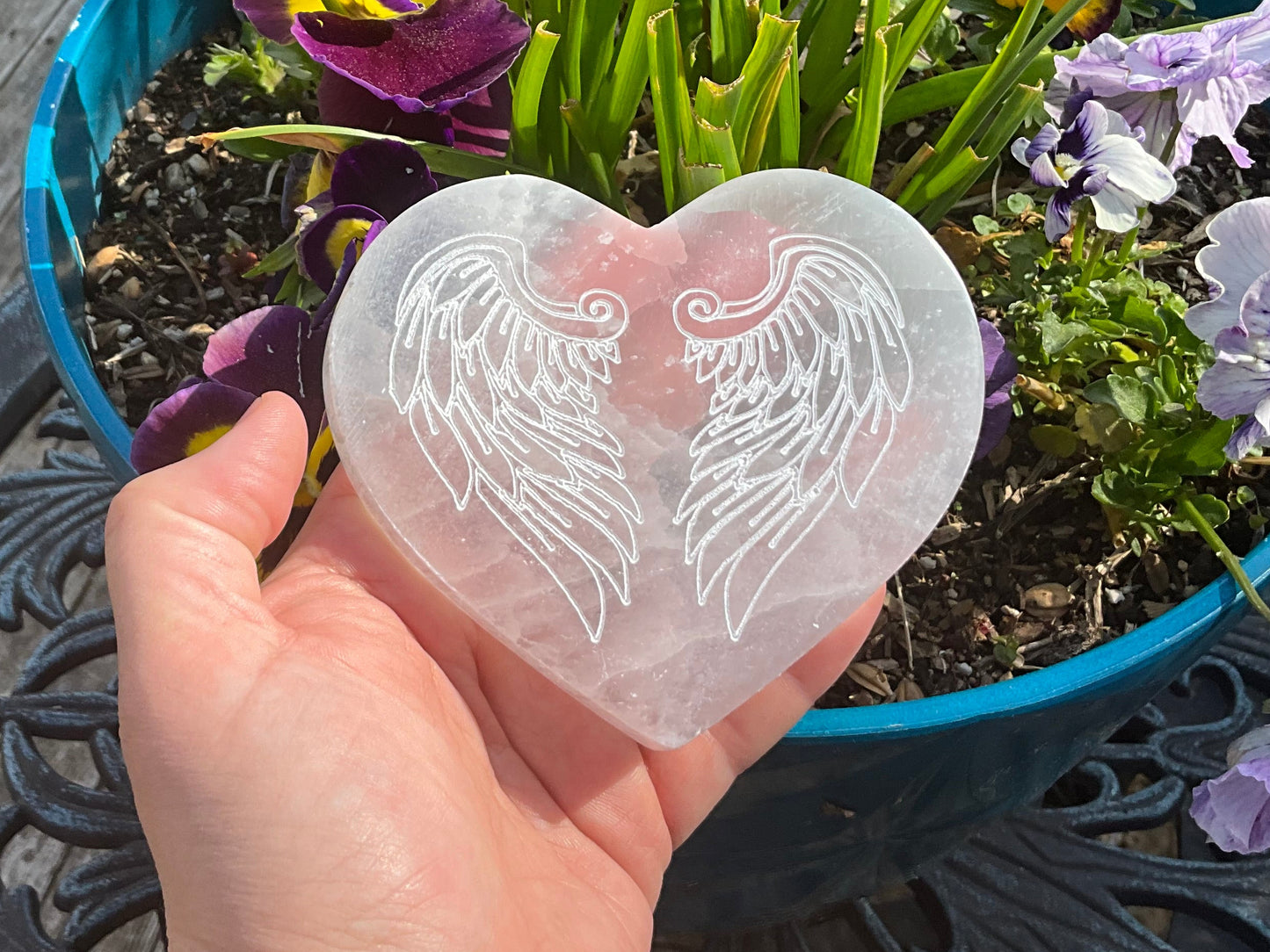Selenite (Satin Spar) Heart with Angel Wings