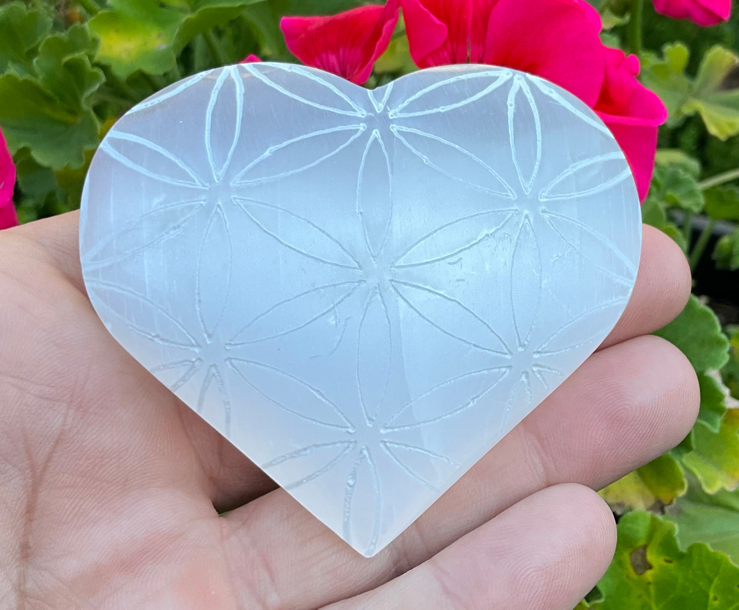 Selenite Heart with Etched Flower Of Life