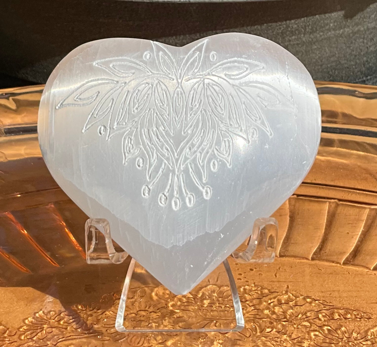 Selenite Heart with Lotus Flower Etching