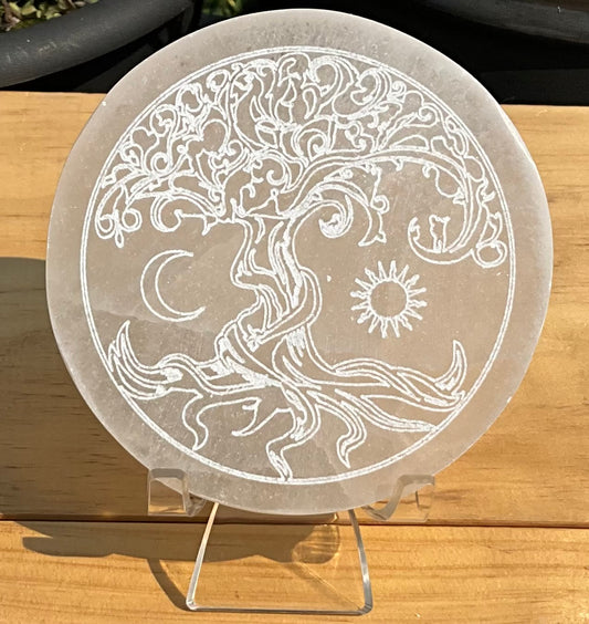 Selenite Plate with Etched Tree Of Life
