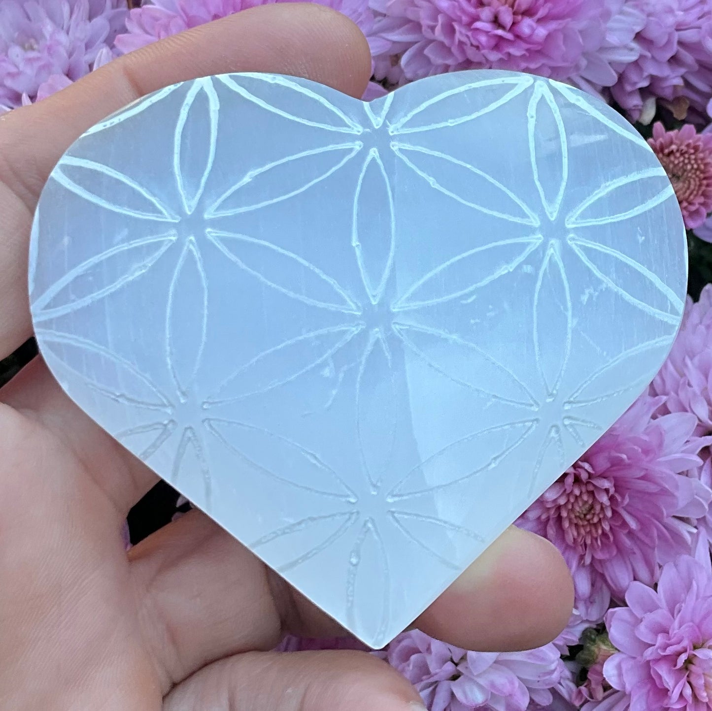 Selenite Heart with Etched Flower Of Life