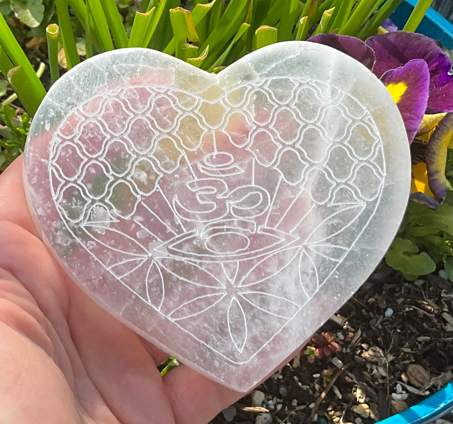 Selenite (Satin Spar) Heart Plate – Om, Third Eye & Flower of Life Design