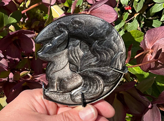 Silver Sheen Obsidian 5 Tailed Fox with stand