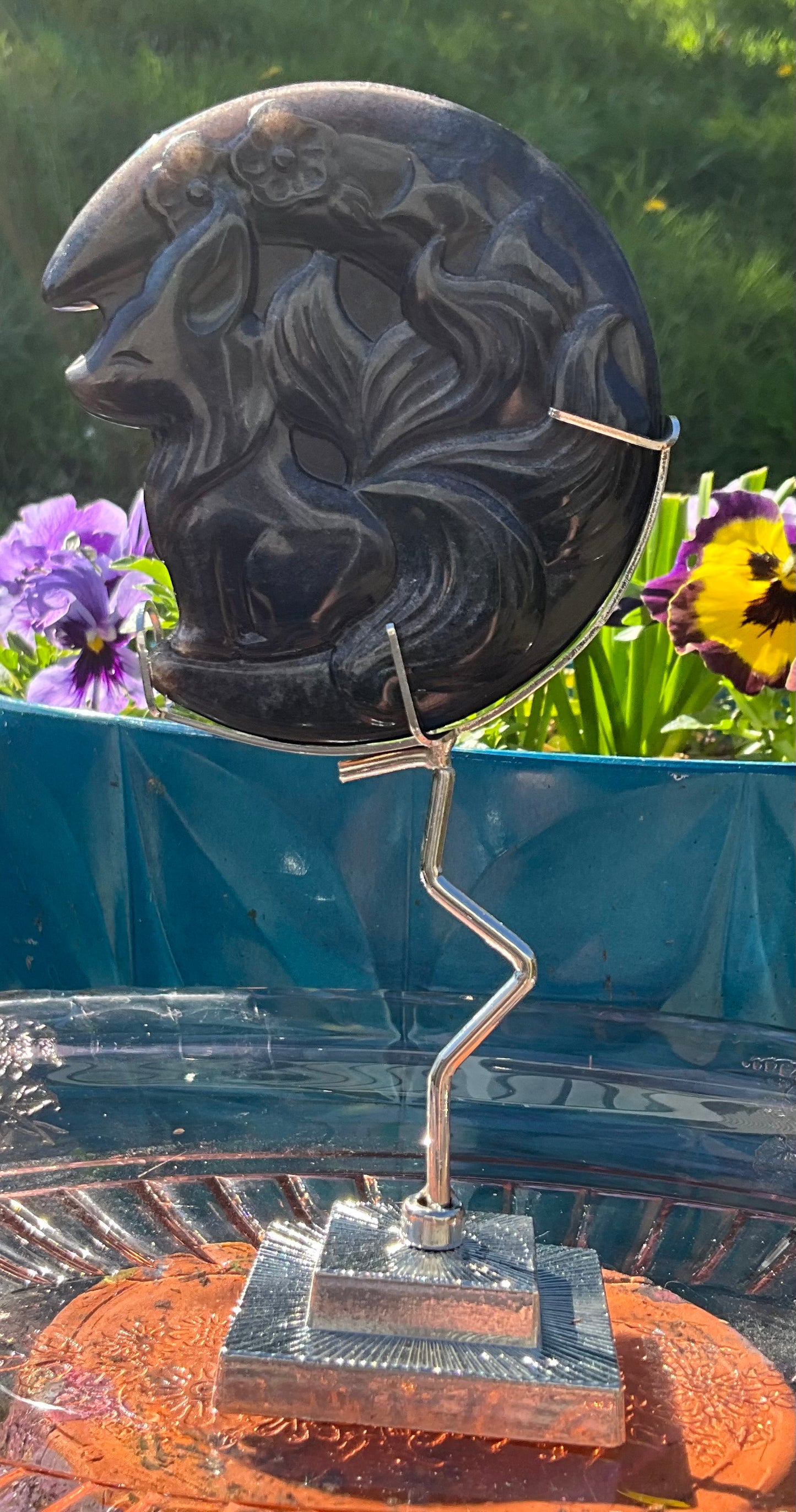 Silver Sheen Obsidian 5 Tailed Fox with stand