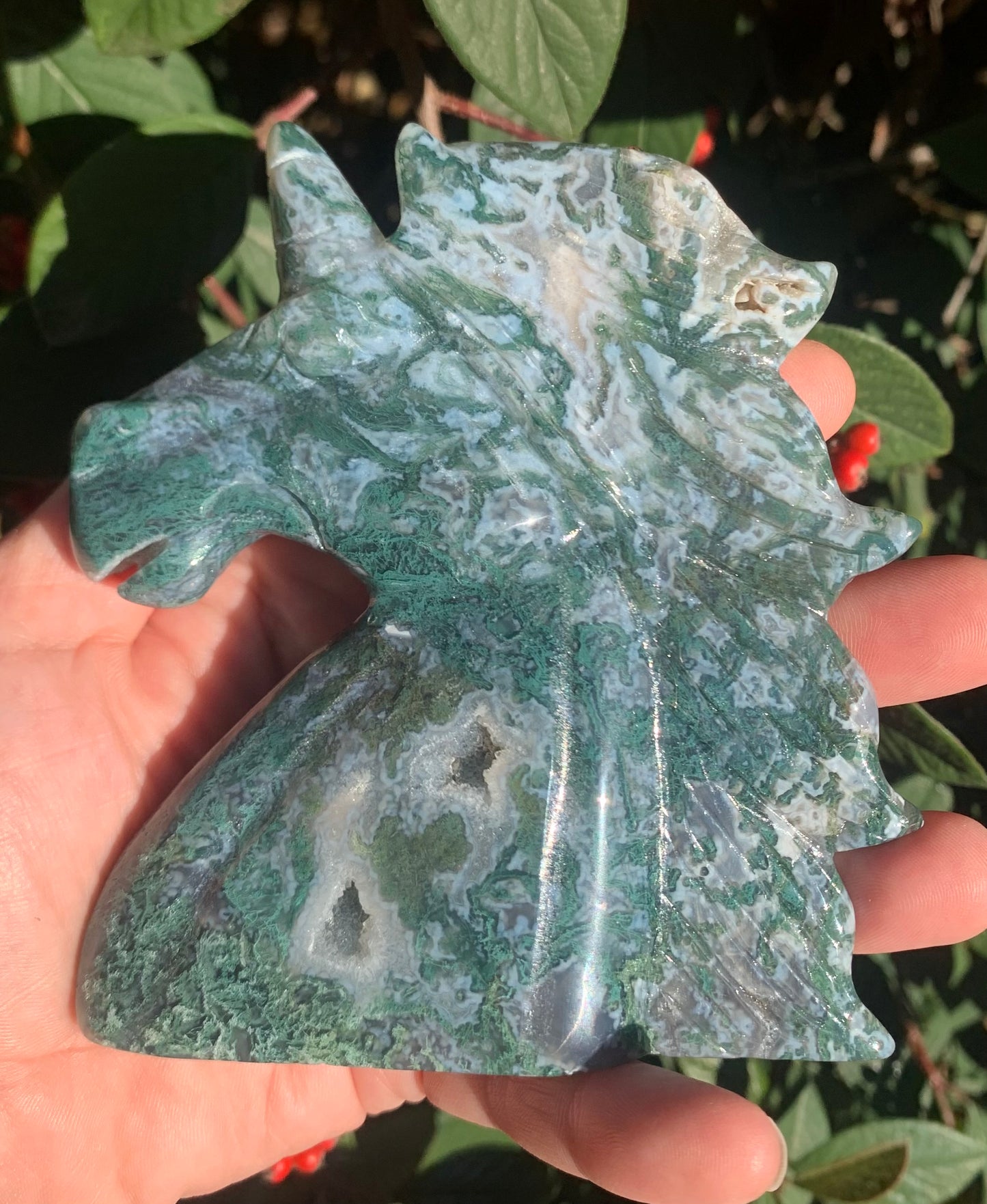 Moss Agate Unicorn Carving