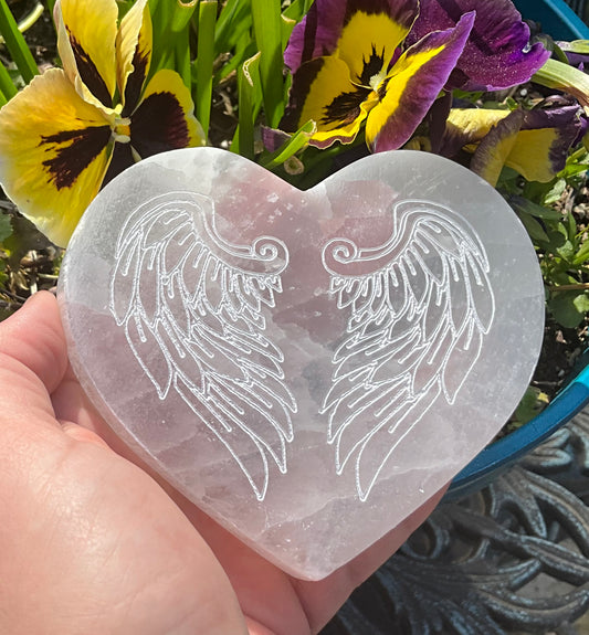 Selenite (Satin Spar) Heart with Angel Wings