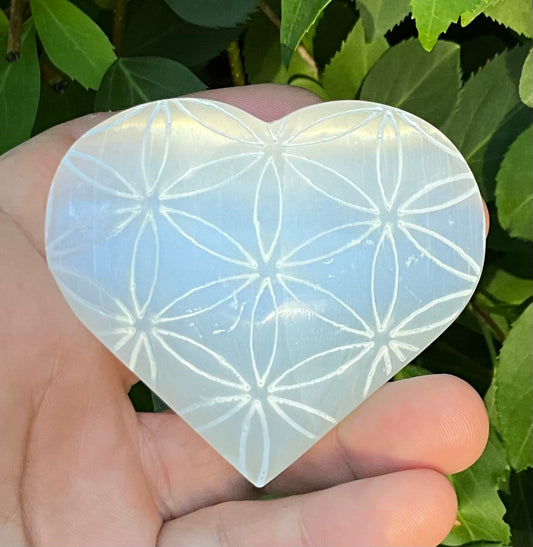 Selenite Heart with Etched Flower Of Life