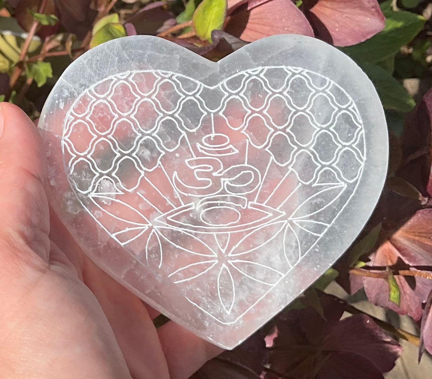 Selenite (Satin Spar) Heart Plate – Om, Third Eye & Flower of Life Design