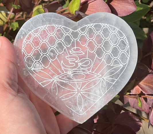 Selenite (Satin Spar) Heart Plate – Om, Third Eye & Flower of Life Design