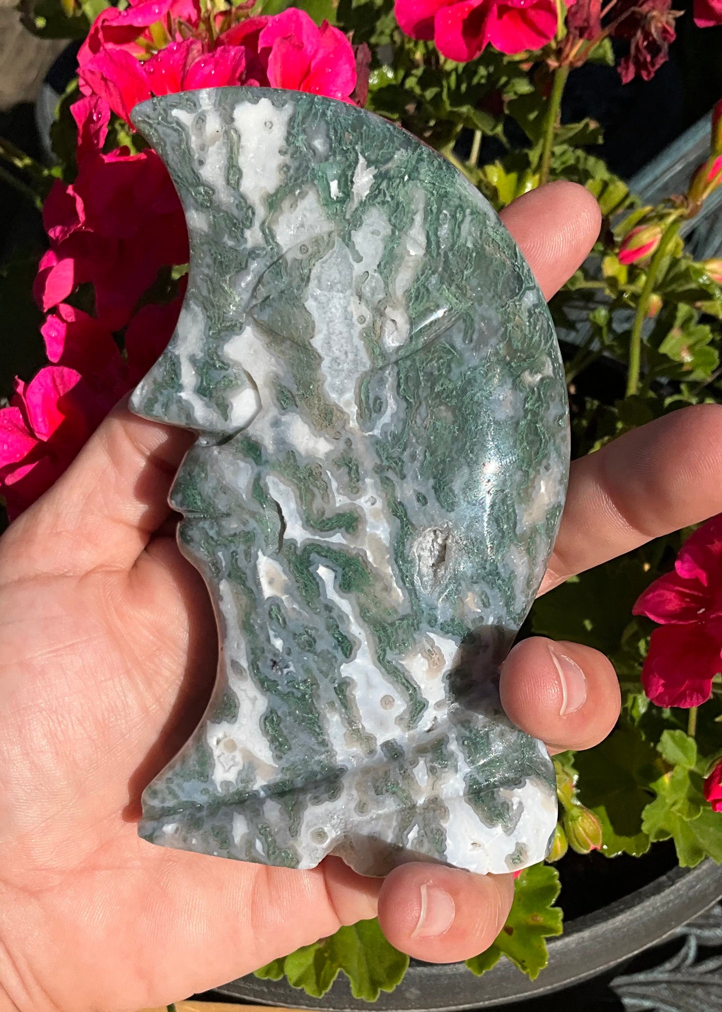 Moss Agate Moon Face Carving